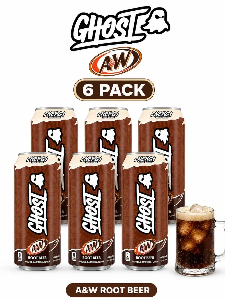 GHOST Energy Drinks 6-Pack - New Flavors: 7UP, Sour Strips, Bubblicious, Strawbango, A&W Root Beer - Refreshing Sports Energy Drink with Natural Caffeine