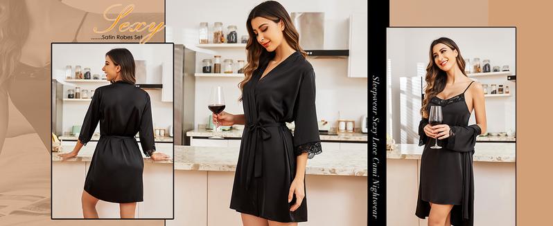 Ekouaer Women's Silk Robe Pajama Set 2-piece Sexy Lace Pajama Set, Silk Sexy Strap Skirt and Matching Rope Robe Pajama Set, s-XXL Comfort Satin