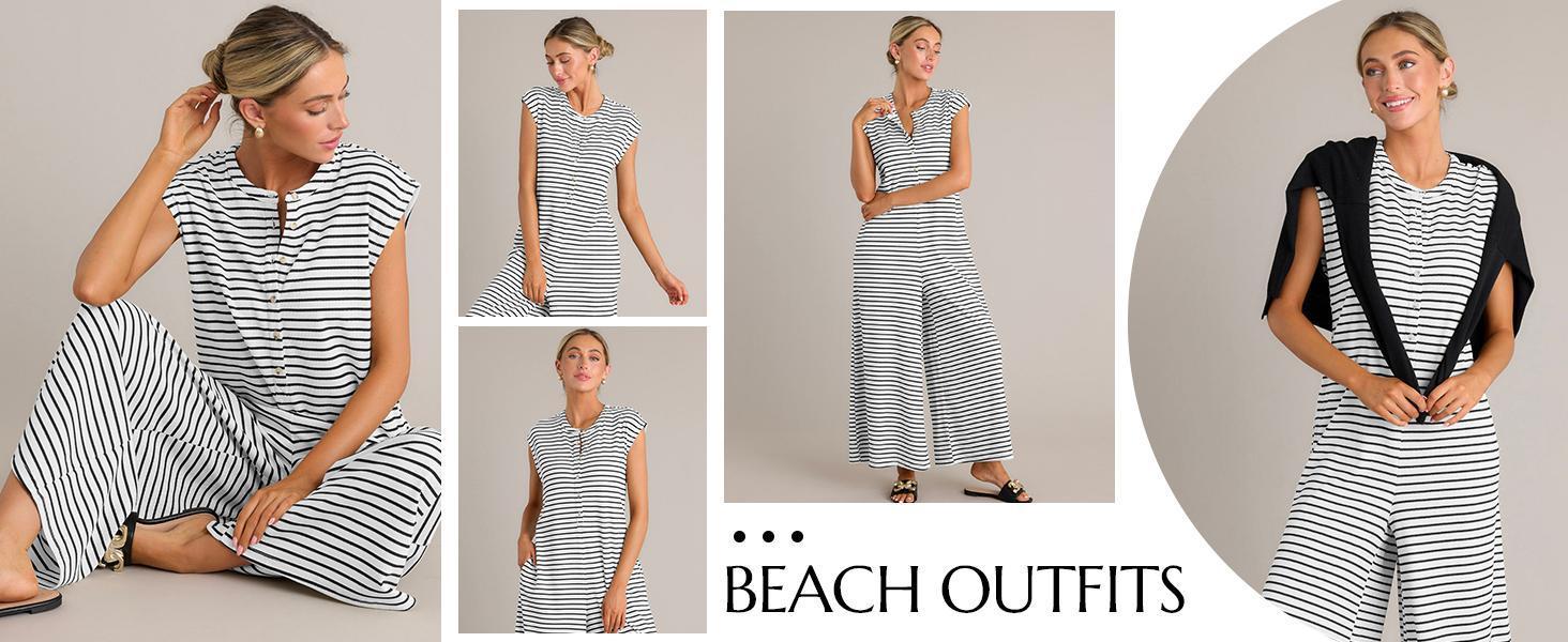 Imily Bela Womens Casual Striped Jumpsuits Summer Cap Sleeve Wide Leg Jumper Romper Button Down Travel Beach Outfits