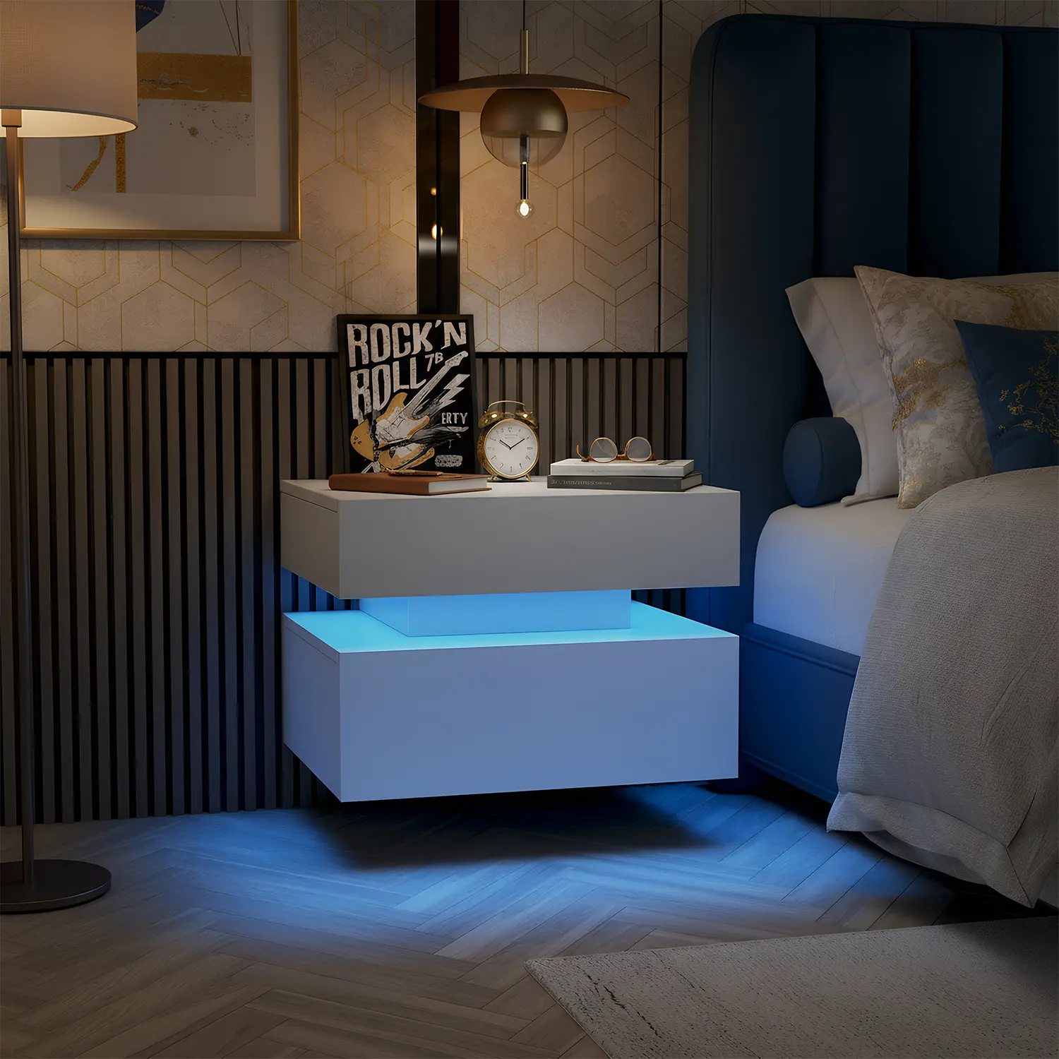 Spaco 2-Piece Wall-Mounted Floating LED Bedside Cabinet Set - Sleek Space-Saving Modern Nightstands with Drawers, Adjustable LED Lights, Vanity Organization for Bedroom Small Room Ideas (Birthday Gifts)