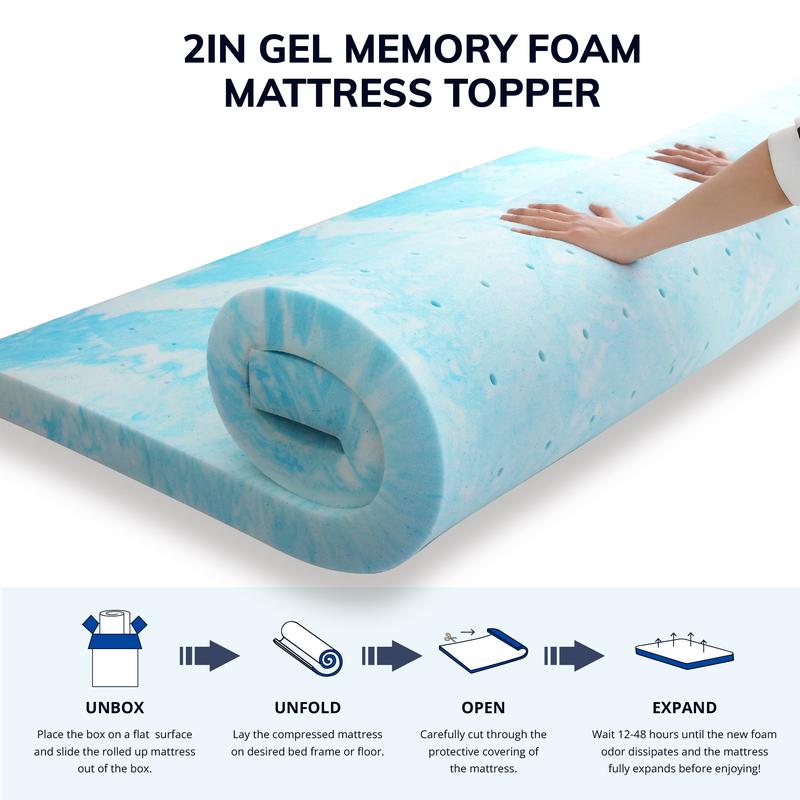 EGO Gel Memory Foam Mattress Topper, Blue - Upgraded Sleep Quality-Perfect Gift for a Cozy Sleep, 2/3 Inch Twin Full Queen King comfty  bed Contour
