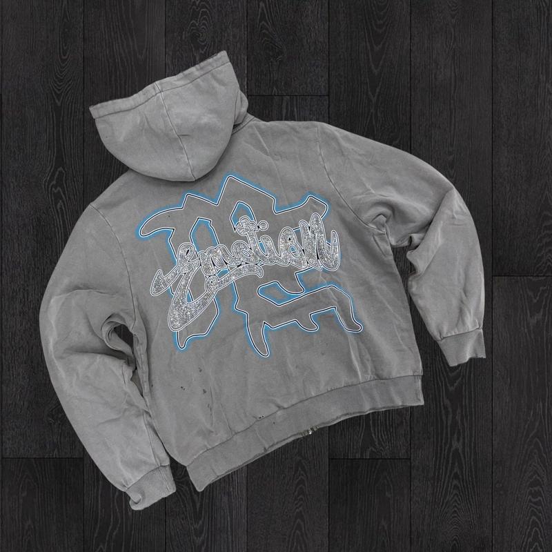 Mixed Emotion - Rhinestone Zip Hoodie - Vintage Wash Grey