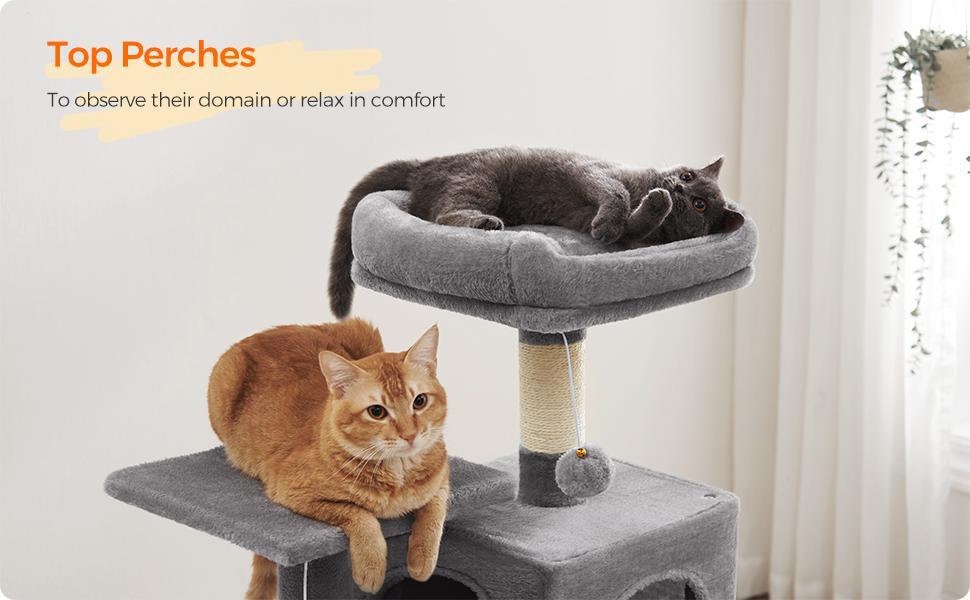 Feandrea 44.1-Inch Cat Tower for Indoor Cats, Multi-Level Cat Condo with 4 Scratching Posts, 2 Perches, Hammock, Cave