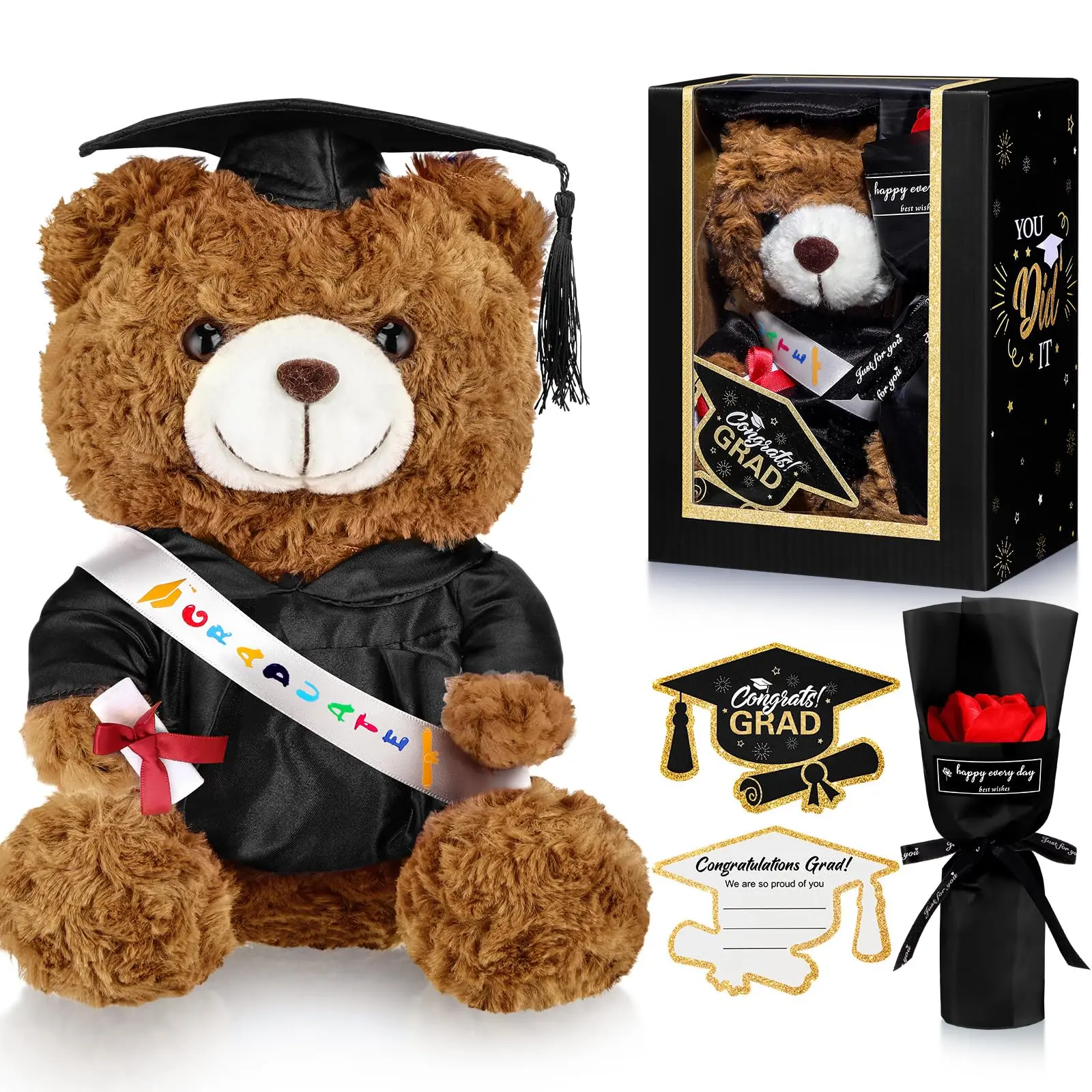 Fluffy Graduation Bear Gift Set - Soft PP Cotton Fill, Eco-Friendly Rainbow Stripe Party Supplies, Plushie, Gown, Cap, Tassel Secure, Class of 2026 Card, Soap, Flower Bouquet Box (9.05in Regular, 11.8in Large, 6-8in Desk Display) for Unisex