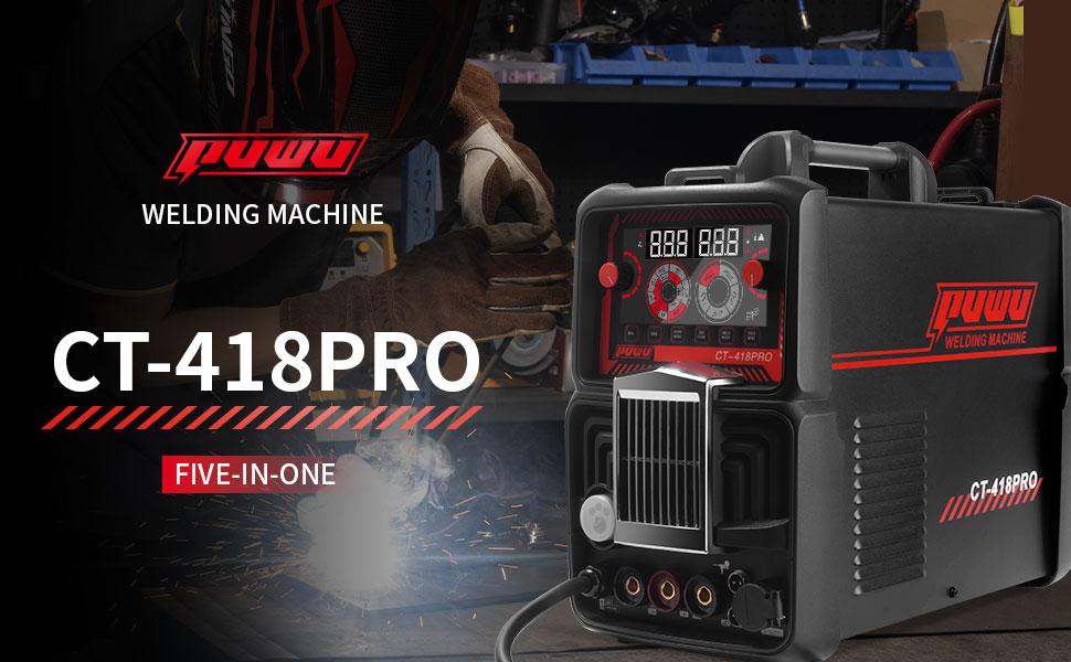 PUWU CT-418PRO Plasma Cutter Welder Gas MIG/Gasless MIG/HF TIG/Stick/CUT 5 in 1 Aluminum Welding Machine 110V/220V Dual Voltage IGBT Inverter LED Display MP200 Multi Process Welder with Accessories