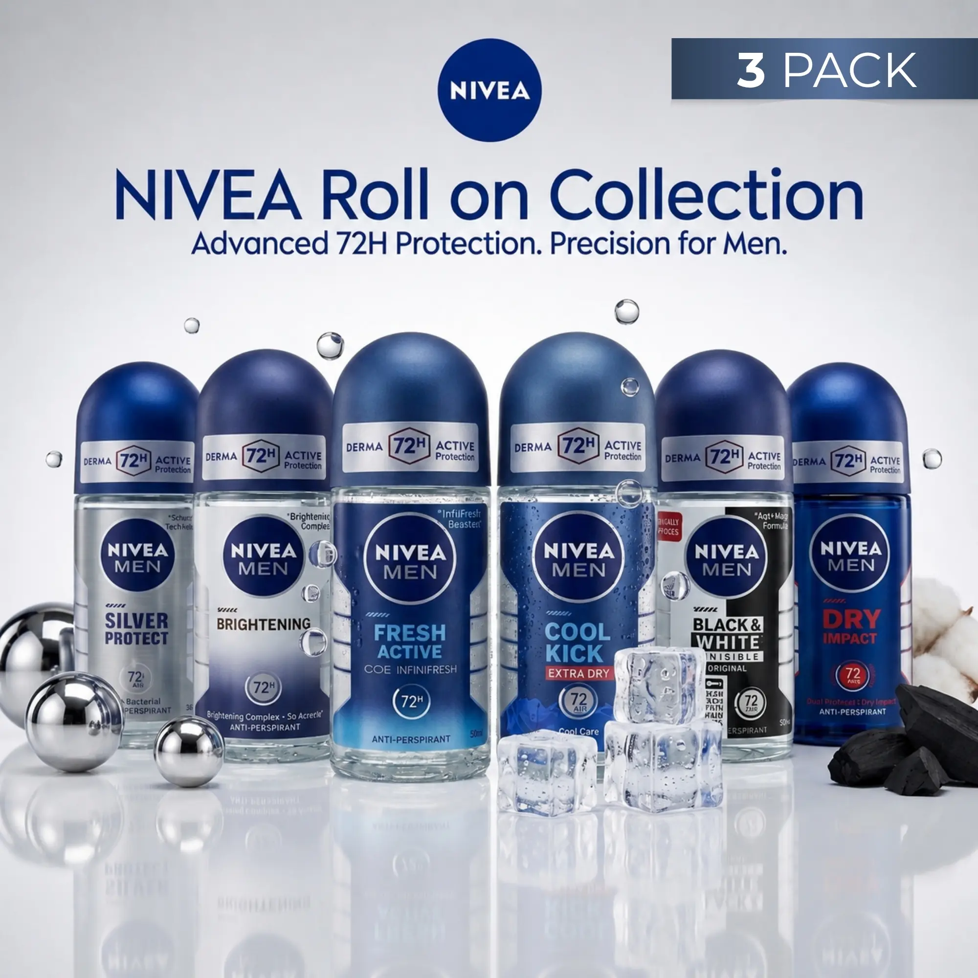 NIVEA Men Scented Roll-On Deodorant Variety Pack (3-Pack Bulk, 50mL Each Assorted Fragrances) - Antiperspirant Body Deodorizer, Deodorant Personal Care, Smoothing Underarm Care, Freshness, Antibacterial, Adult Male Office Daily Use, Gifting, Compact