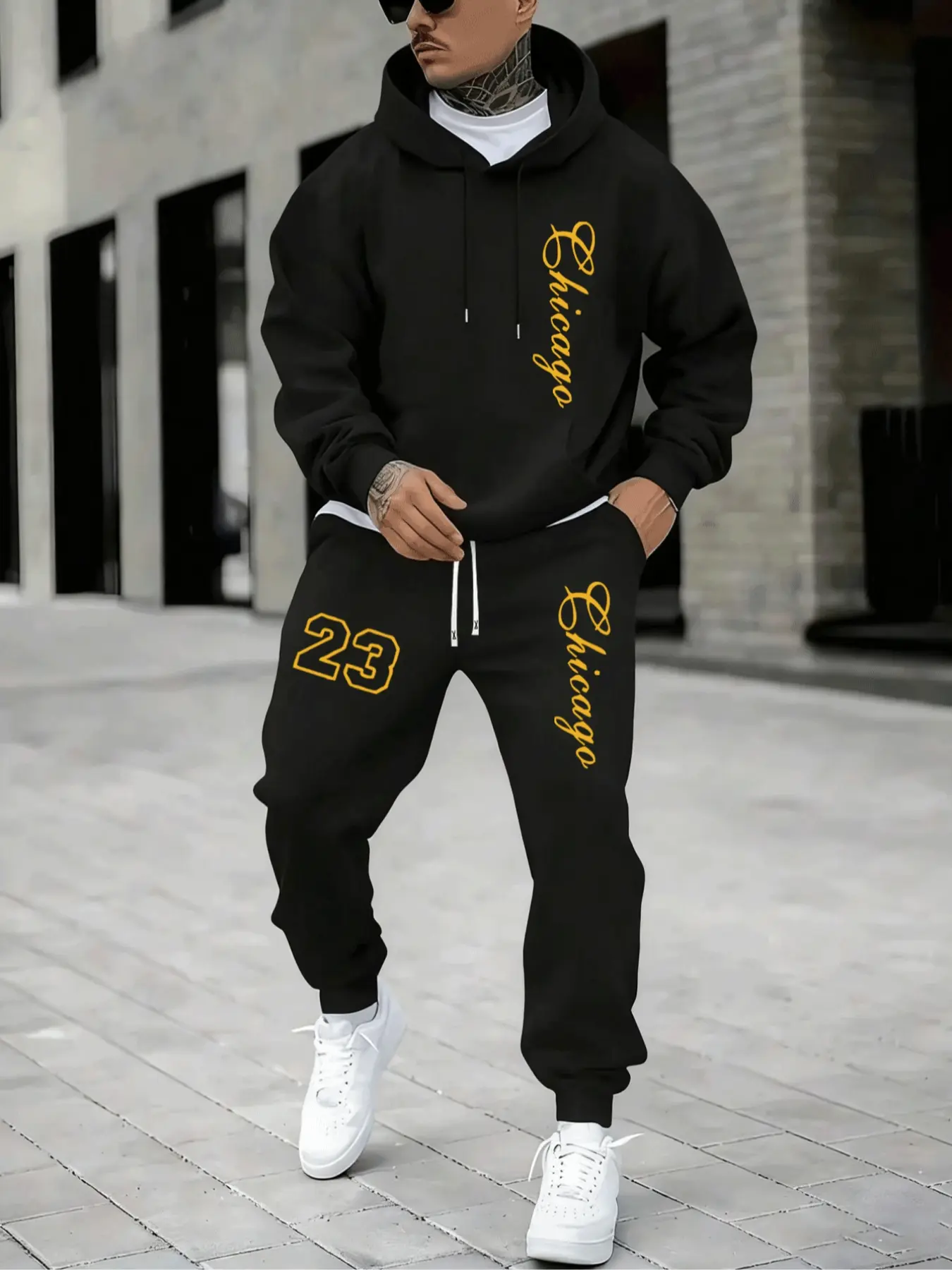 Hypemode Plus Size Set, Letter Print Geometric Hoodie Long Sleeves & Jogger Pants, Casual Style, Loose Comfortable Fit, Daily Wear, Fall & Winter Fashion