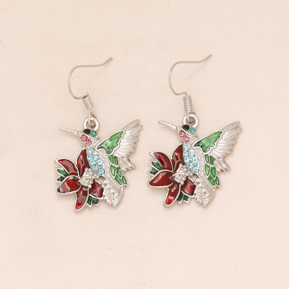 Adults' Korean-Style Hummingbird Drop Earrings - Colorful Silver-Tone Alloy Jewelry with Crystal Water Droplet Pendants