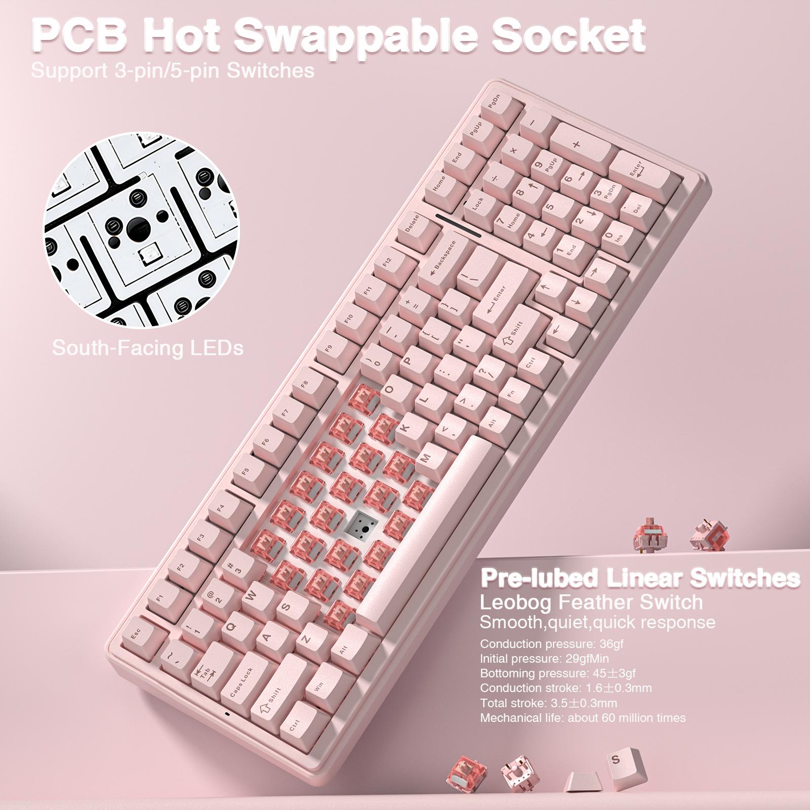 [Silent] AULA F99 Wireless Mechanical Silent Keyboard with Numpad Tri-Mode BT5.0/2.4GHz/USB-C Gasket Hot Swappable RGB Backlit Pre-Lubed Linear Switch Creamy Gaming Keyboard Light Pink
