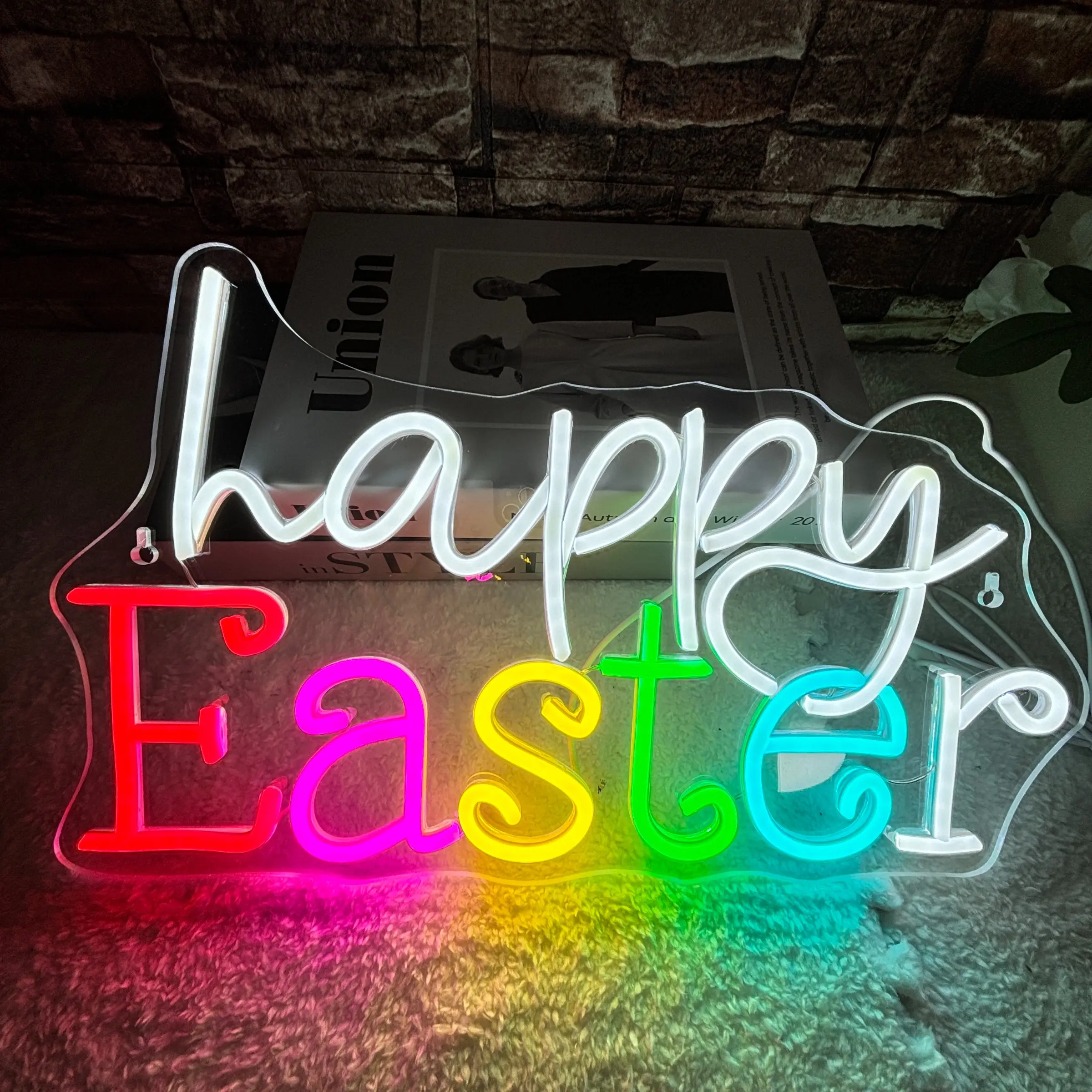 1pc Happy Easter Neon Sign Easter Bunny LED Neon Sign Vibrant Adjustable Lights for Bar Home Decor Children's Room Easter Yard Sign for Front Porch Window Lights Easter Decoration Easter Gifts For Kids Decorative Neon Light Atmosphere Lighting