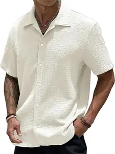 Men's Casual Button Down Textured Button Front Shirt Regular Fit Short Sleeve Collared Top for Summer, Summer Leisure Top, National Day Clothing, Men's Clothes for Daily Wear, Menswear