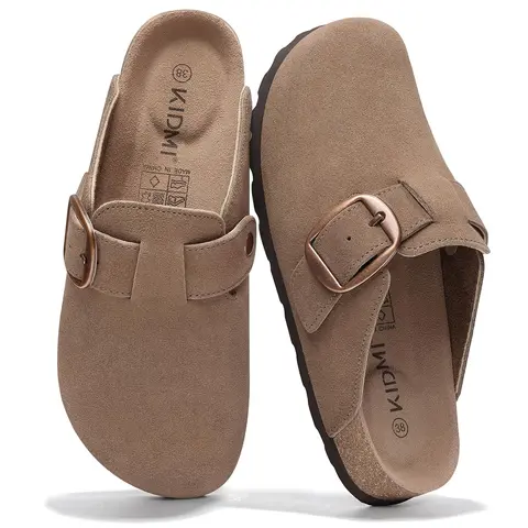 KIDMI Genuine Suede Clogs for Women Memory Foam Cork Footbed Potato Shoes Slip On Leather Mules with Big Buckle,Arch Support, Comfortable, Leather Slip On, Fall, Casual, Indoor Outdoor, Non-slip Rubber Sole, Adjustable Metal Buckle