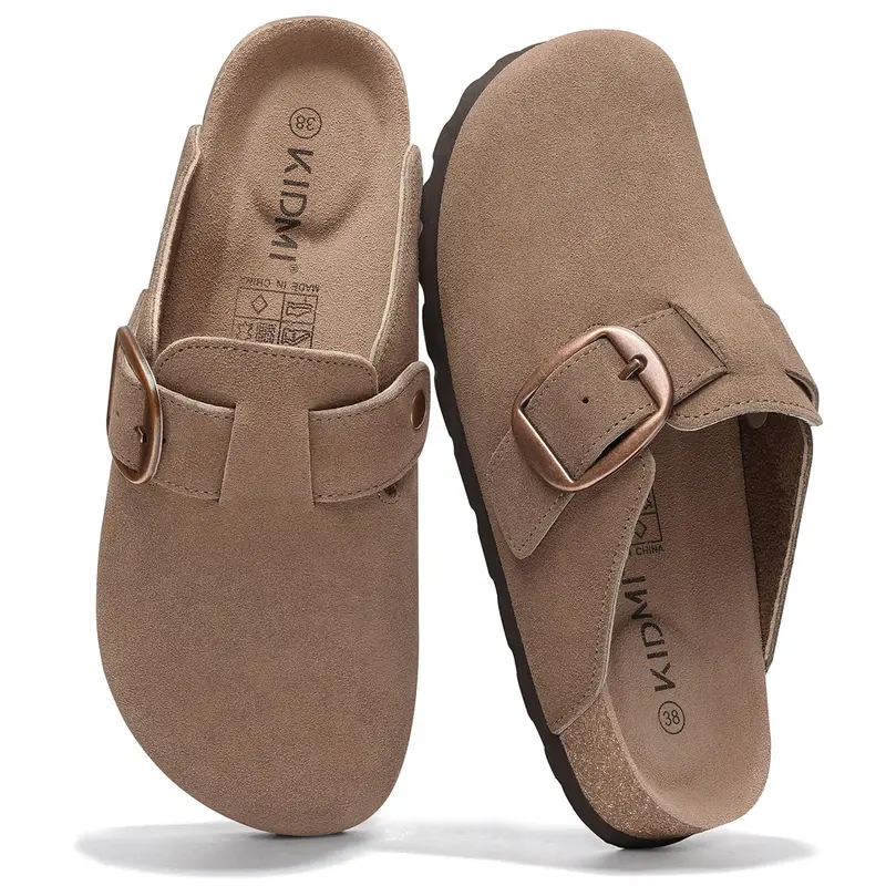 KIDMI Genuine Suede Clogs for Women Memory Foam Cork Footbed Potato Shoes Slip On Leather Mules with Big Buckle,Arch Support, Comfortable, Leather Slip On, Fall, Casual, Indoor Outdoor, Non-slip Rubber Sole, Adjustable Metal Buckle