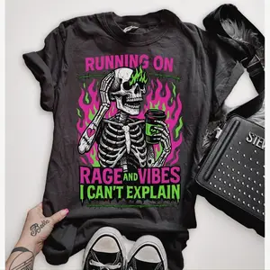 Running on Rage and Vibes Shirt, Funny skeleton shirt, Coffee skeleton, Spooky skeleton coffee rage shirt, Sarcastic shirt