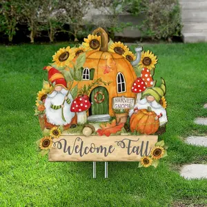 Designocracy 8471209M-SW 12 x 9 in. Front Yard Gnomes Autumn Front Yard Welcome Sign Decor