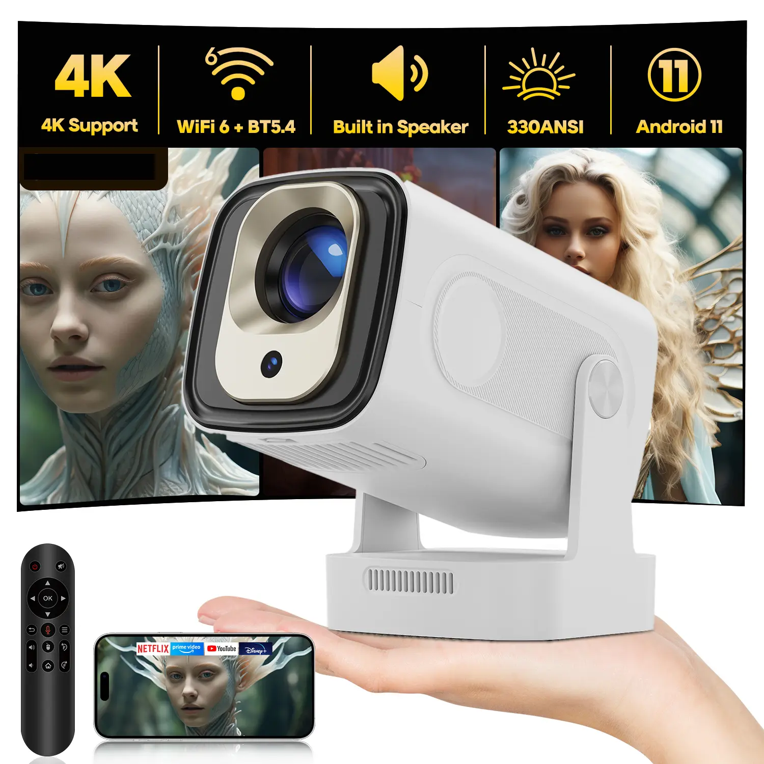 HY260 Pro Auto Focus Projector 4K Support 330ANSI Dual WiFi6 Wireless Bluetooth5.4 1080P Native Auto Keystone Correction Androdi 11 Allwinner H713 Built-in Speaker Home Cinema Movie Outdor #TikTokShopBackToSchool,back to school,back to school haul