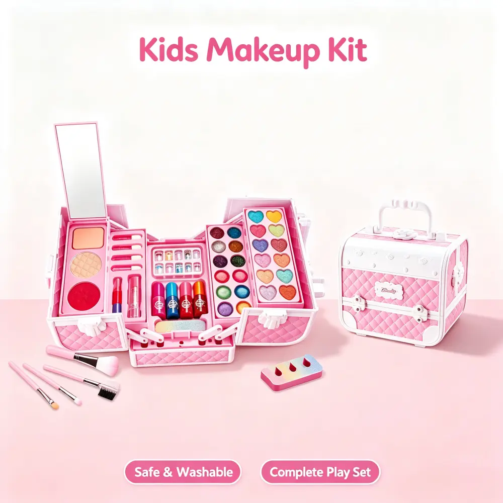 Kids Washable Makeup Kit for Girls, Non Toxic Pretend Play Cosmetic Case, Portable Pink Beauty Suitcase, Princess Dress Up Toy Birthday Gift