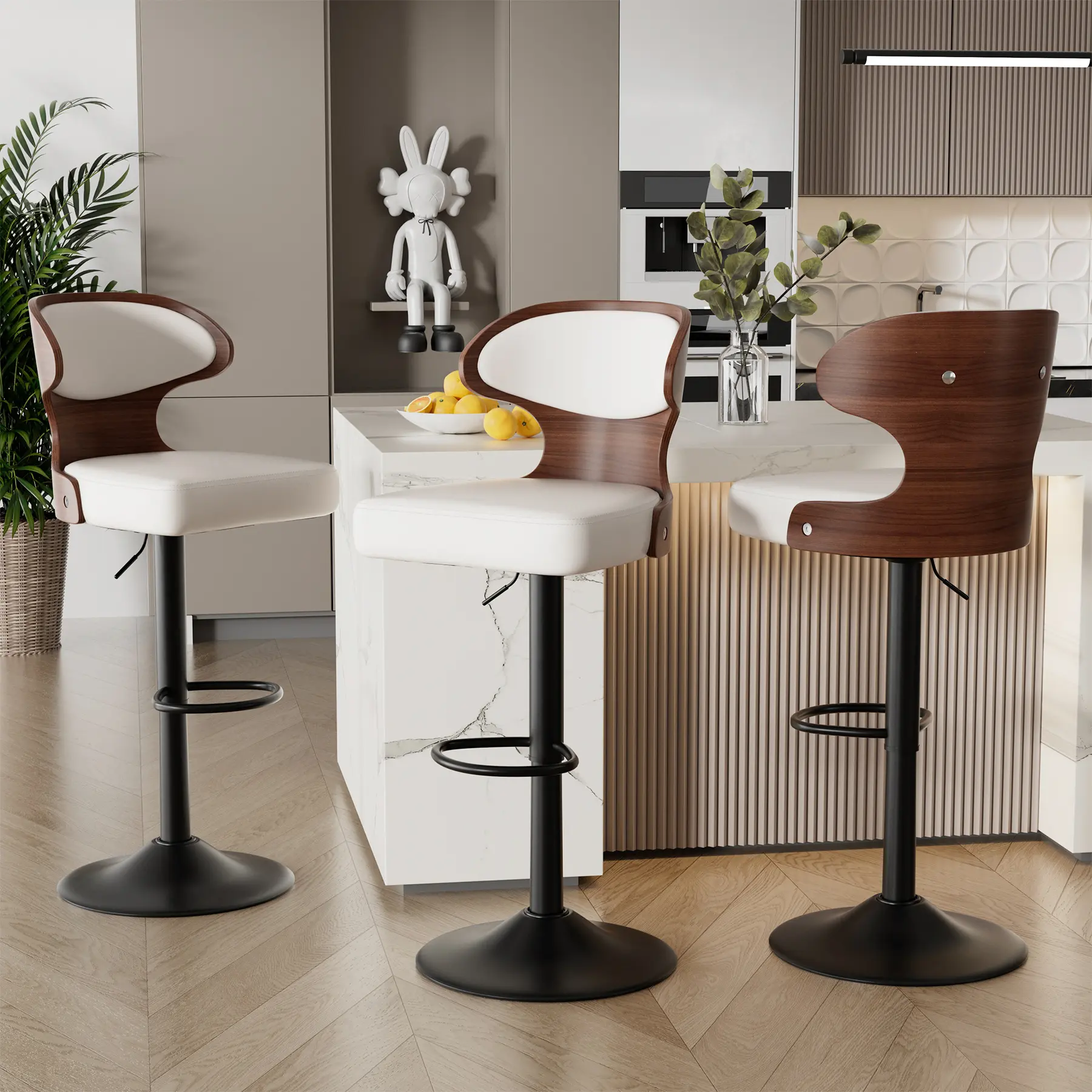 Bar Stools Set of 2 Seat Adjustable Height - Bentwood Swivel Barstools with Back & Footrest - PU Leather Upholstered Bar Chair for Bar, Kitchen, Dining Room