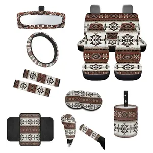 14pcs Tribal Design Seat Covers Accessories Suitable for Men and Women, Steering Wheel Cover, Armrest Cover, Coaster, Safety Belt Pad, Gear Knob and Handbrake Cover for Men and Women, Auto Stylish Car Decor, Durable Fabr