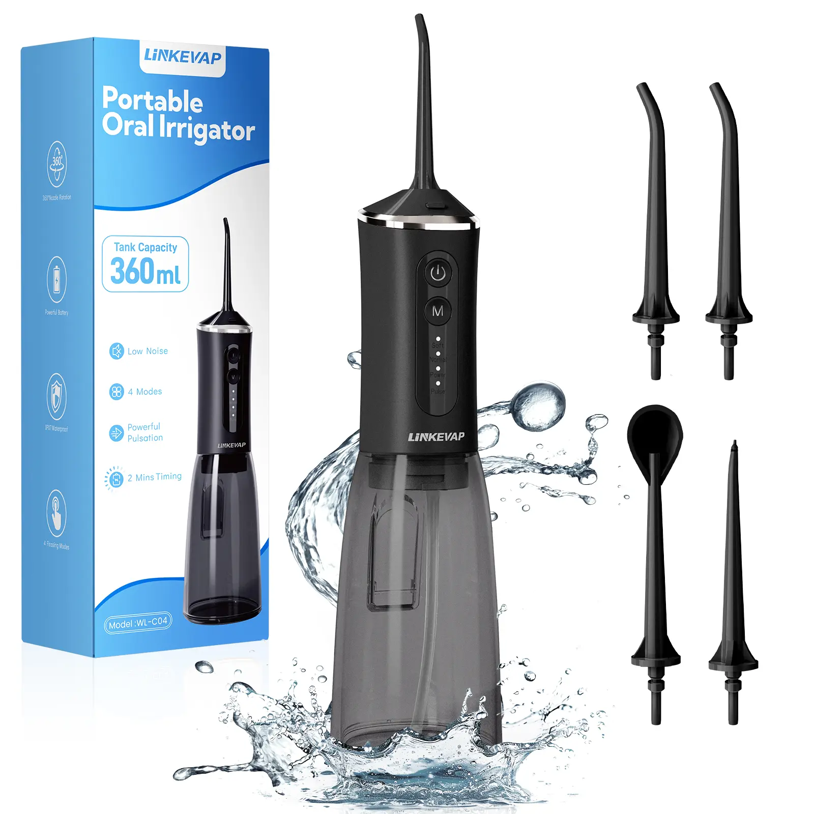 LINKEVAP 360ML Cordless Water Flosser - Dental Health, Plaque Removal, Gum Care Mode Oral Irrigator with 4 Modes, 4 Tips, IPX7 Waterproof, Quiet Design, Portable for Home & Travel, Dental Health Oral Irrigators, Plaque Removal Oral Irrigators