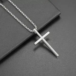 Cross necklace faith pendant, silver stainless steel cross with a simple box chain necklace, a popular jewelry gift necklace style, recommended today.