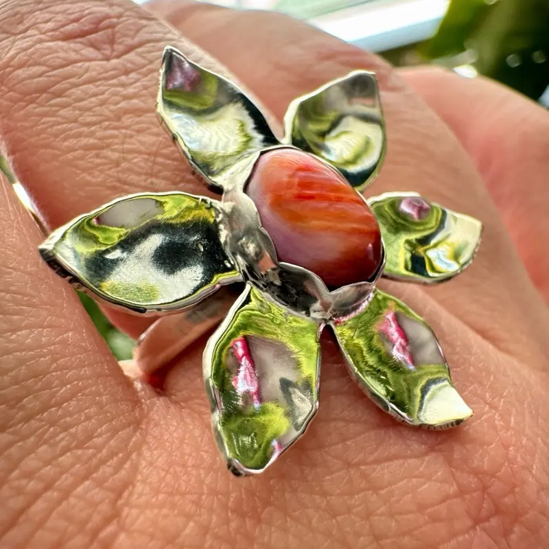 Pink Dahlia Ring – Sterling Silver Flower Ring with Pink Dahlia Stone