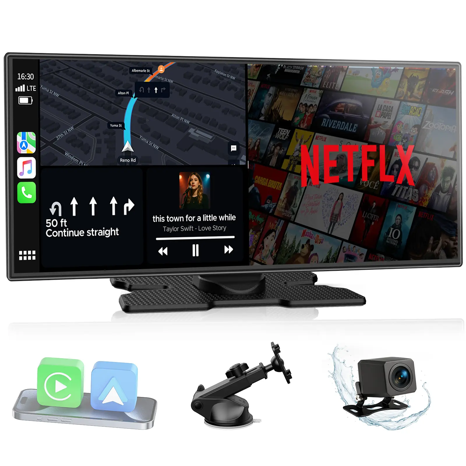 LAMTTO 10.25-Inch Wireless CarPlay Screen — Supports TikTok, Netflix, and YouTube Apps, Split-Screen App Usage, Backup Camera Support, Navigation, and Voice Assistant. Compatible with iOS 10+ and Android 11+