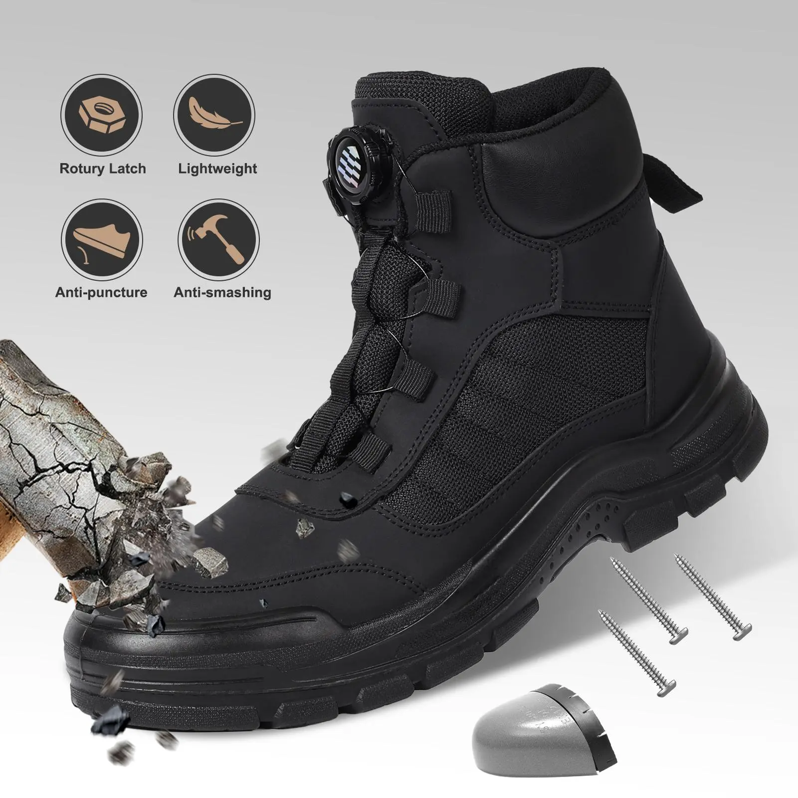 Furuian Steel Toe Boots for Men Women- Work shoes Work boots Stylish & Comfortable Safety Boots with Rotating Buckle Anti-Puncture Slip-Resistant Design Industrial Construction Puncture Proof Indestructible High Top Tactical Work Boots Labor Day Gifts