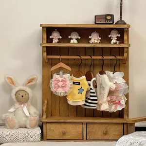 Maodour Vintage Wooden Storage Cabinet with Hanging Rod & Drawers, Multi-Use Organizer for BJD Doll Photo Props & Pet Apparel, Farmhouse Decor with Drawer with Suspension