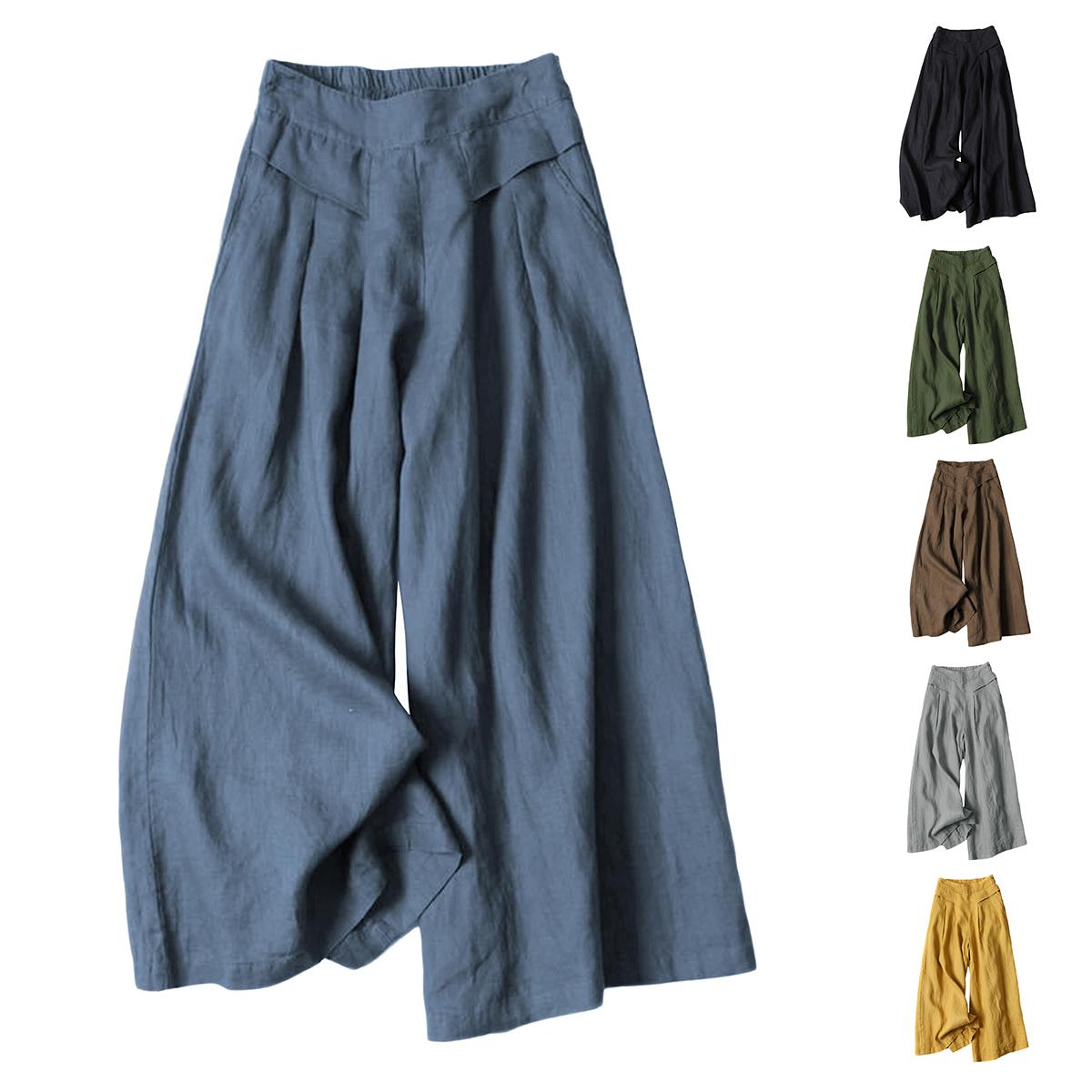 Tanming Women's Cotton Linen Culottes Pants Elastic Waist Wide Leg Palazzo Trousers Capri Pants with Pockets