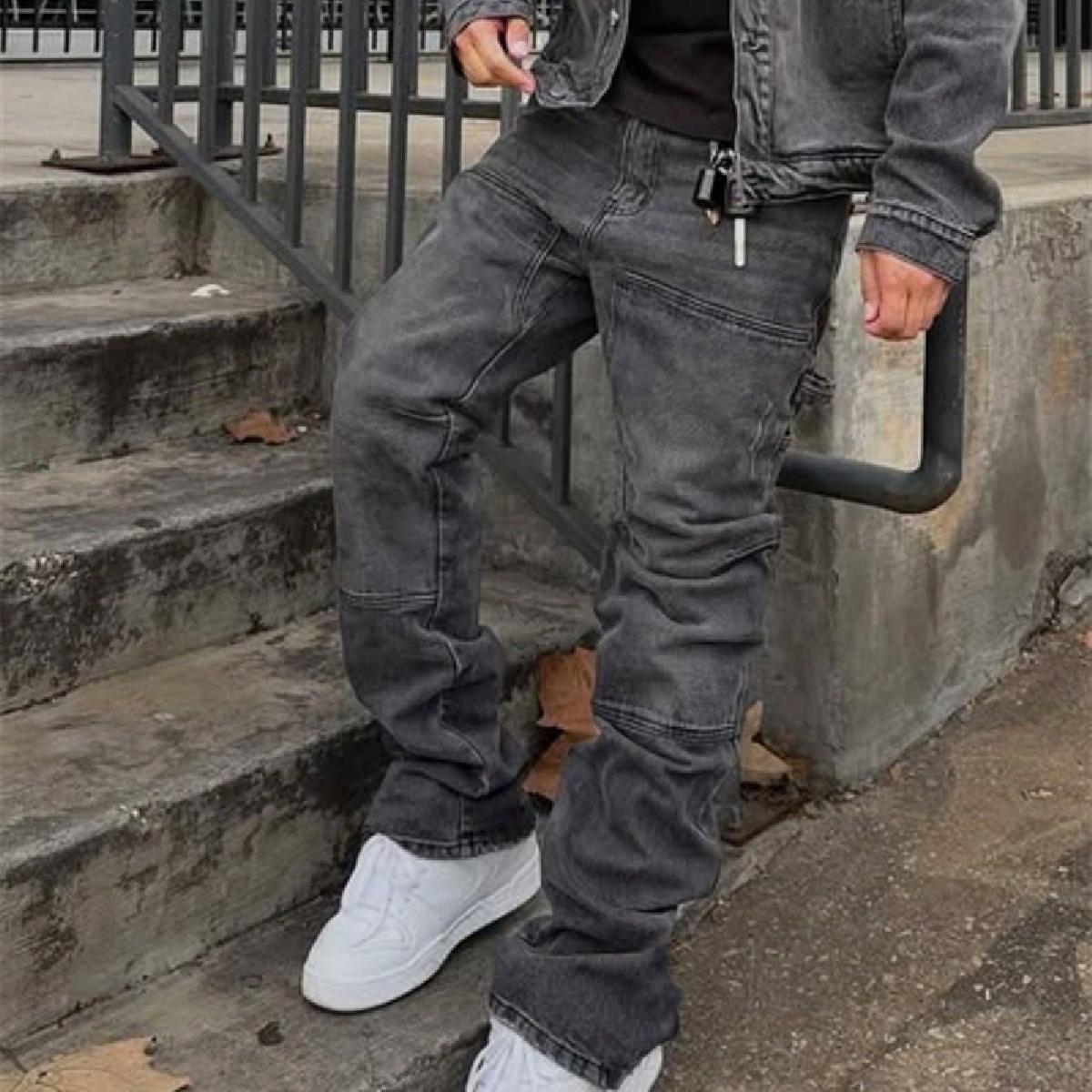 New Men Stylish Baggy Regular Fit Jeans Trousers Streetwear Men's Solid color Splice Loose Straight Casual Denim Pants SpringStatements