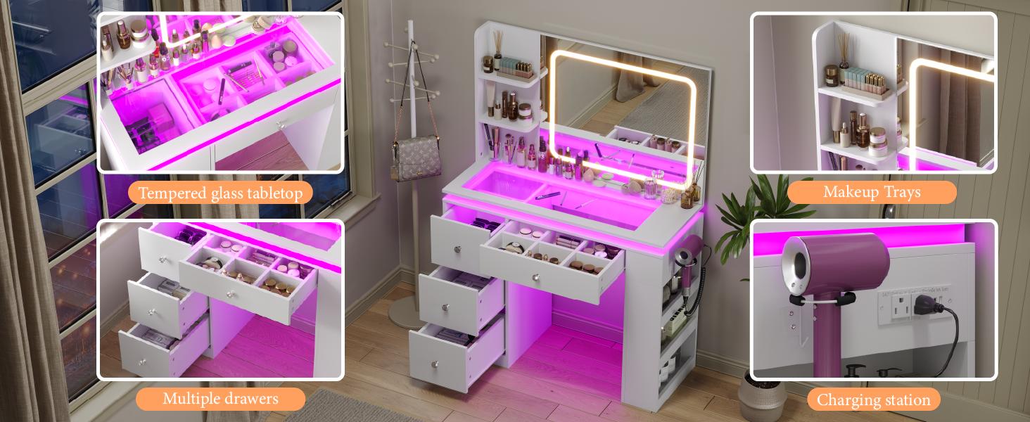 CollaredEagle Vanity Desk with Mirror and Lights Transparent Top 2 RGB Drawers Adjustable Brightness Power Outlet Large-Capacity Storage White