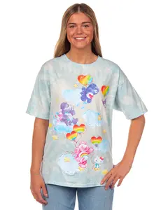Hello Kitty and Friends x Care Bears T-Shirt Friends Unite Women's Glitter Shimmer Tie-Dye Boyfriend Fit Tee (Small)