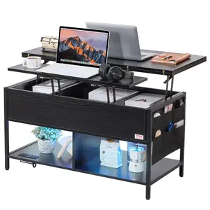 VEVOR Lift Top Coffee Table,  , 39.4 in Rectangle Coffee Table with Extra Storage Pockets, Flipable Coffee Table with Power Strip & USB & Ambient Lighting for Living Room, Black