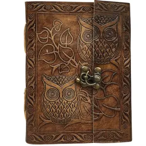 Vintage Owl Leather Journal with Lock Refillable Handmade Writing Notebook 240 Pages 8 x 6 Inch