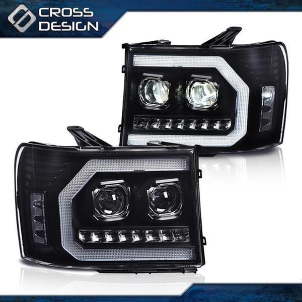 CROSSDESIGN LED DRL Tube Headlights Lamps Fit For 2007-2013 GMC Sierra 1500 2500HD 3500HD