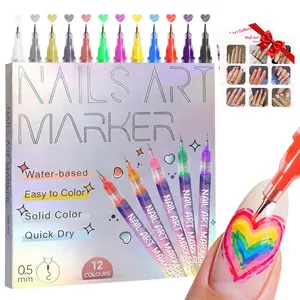 Nail Art Pens for Painting Nails 12 Colors Nail Art Markers Set with 0.5 mm Fine Tip Nail Doodle Pens for Girls Kids Women Water-based Quick Dry Safe Odor-Free