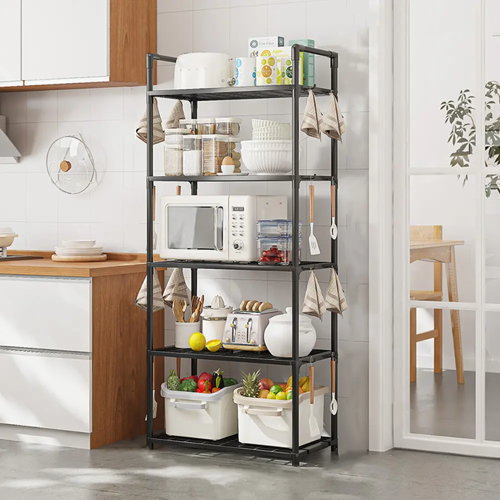 Sturdy Adjustable Shelf Rack - 5-Layer PP Plastic Home Organizer, 66 lbs Max Capacity, Space-Saving, Installation Support, Floor-Mount for Kitchen, Garage