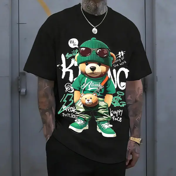 Streetwear hip-hop teddy bear print men’s T-shirt, Harajuku retro casual short-sleeve top, Y2K-style loose trendy tee.tiktokshopspringglowup