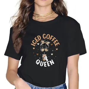 100% Cotton Iced Coffee Queen Women Messy Bun Cold Brew Coffee Quote T-Shirt