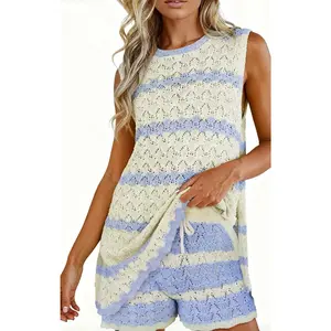 Fisoew Womens Striped Crochet Knit 2 Piece Set Sleeveless HollowOut Tank Top & Matching Shorts Breathable Beach Casual Outfit for Summer Vacation SpringStatements