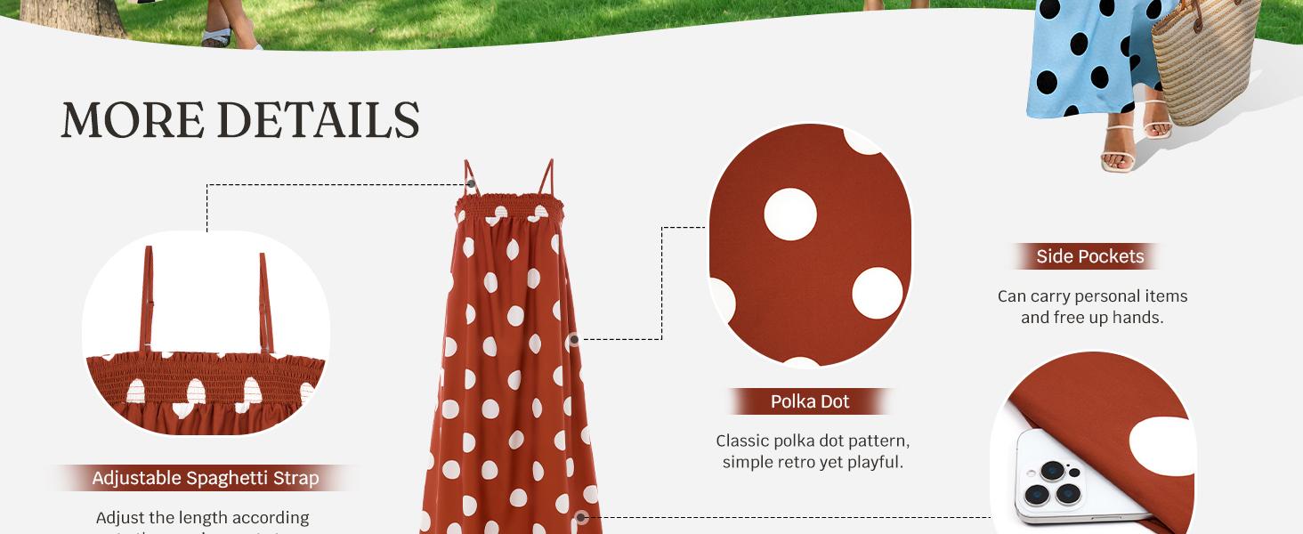 Wenrine Women's Summer Polka Dot Maxi Dress Casual Spaghetti Strap Smocked Loose Vacation Beach Dresses with Pockets