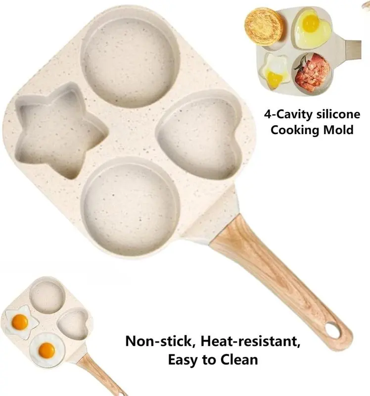 Egg Frying Pan 4 Cup Heart Shape, 4 Hole Nonstick Breakfast Skillet & Pancake Pan with Wooden Handle, Daily Kitchen Multi-Cooker, Anti-Scald Safe Grip
