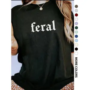 Women's "Feral" Slogan Print Round Neck Tee, Fashion Casual Fitted Crew Neck Drop Shoulder T-shirt for Daily Holiday Vacation Outdoor Wear, Ladies Clothes for All Seasons, Crewneck Tshirt, Womenswear, Streetwear