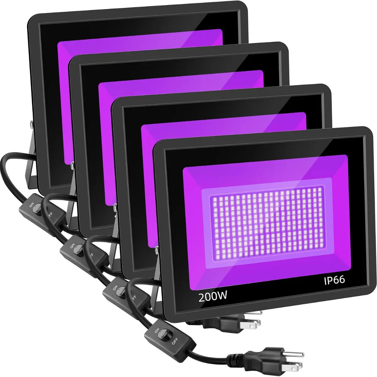 4-Pack 100W LED Blacklight Flood Lights, IP66 Waterproof with Plug and Switch, Indoor/Outdoor Fixture for Halloween Party, Glow-in-the-Dark Events