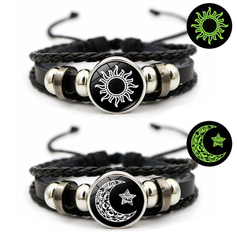 Sun & Moon Lovers Leather Bracelet Vintage Punk Multi-Layer Beaded Woven Design Couple Gift with PU Leather and Glass Accents