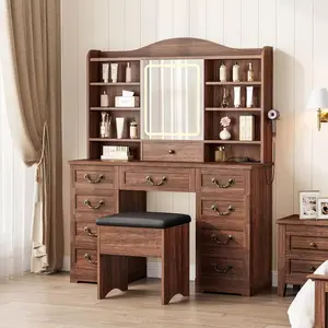 Brown Makeup Vanity Desk with Lighted Mirror - Adjustable Lights, Drawers, Power Outlet & USB for Bedroom