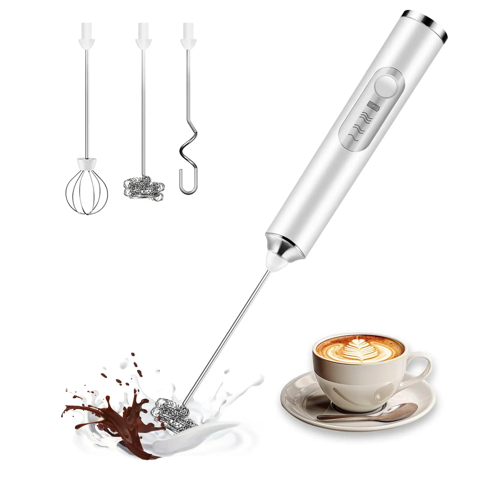 USB Rechargeable Electric Coffee Blender with 3 Detachable Whisking Heads Portable Handheld Milk Frother for Latte Cappuccino & Juice 3-Speed Settings tiktokshopbacktoschool
