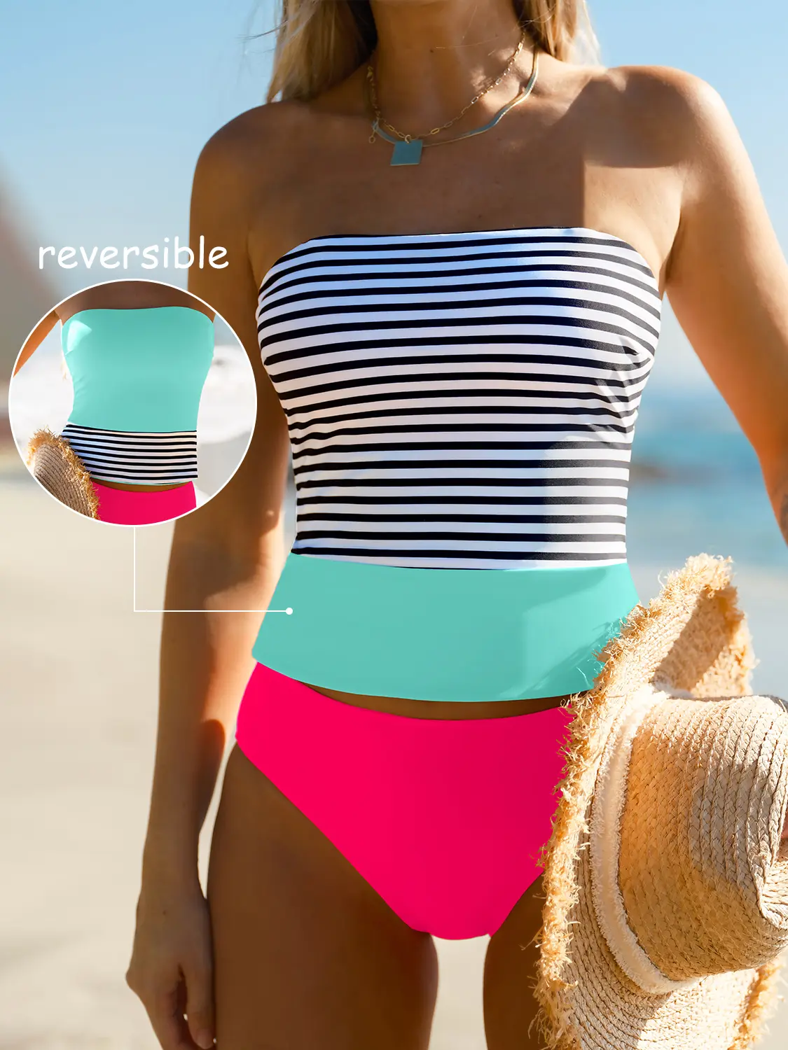 popvil Women's Bathing Suits, 2-in-1 Reversible Color Block Bikini Set, Tie-Back Padded Tube Top and High-Waisted Patchwork Bottoms for Beach Party, Bathing Suit Women