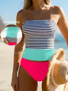Popvil 2-in-1 Reversible Bandeau Bikini Set | High Waisted Color Block Swimsuit | Tie Back Strapless Swimwear